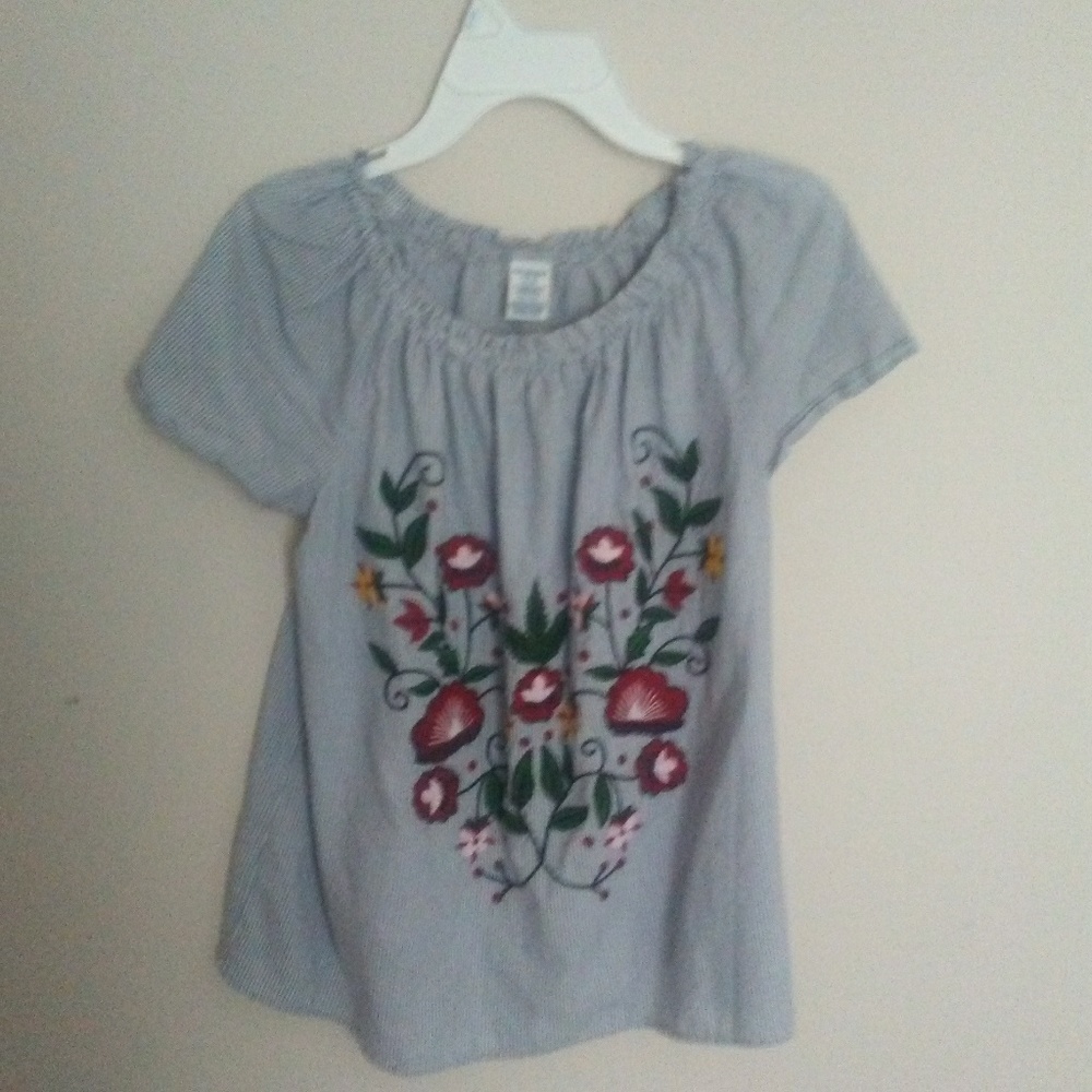 Blue and white off-the shoulder shirt